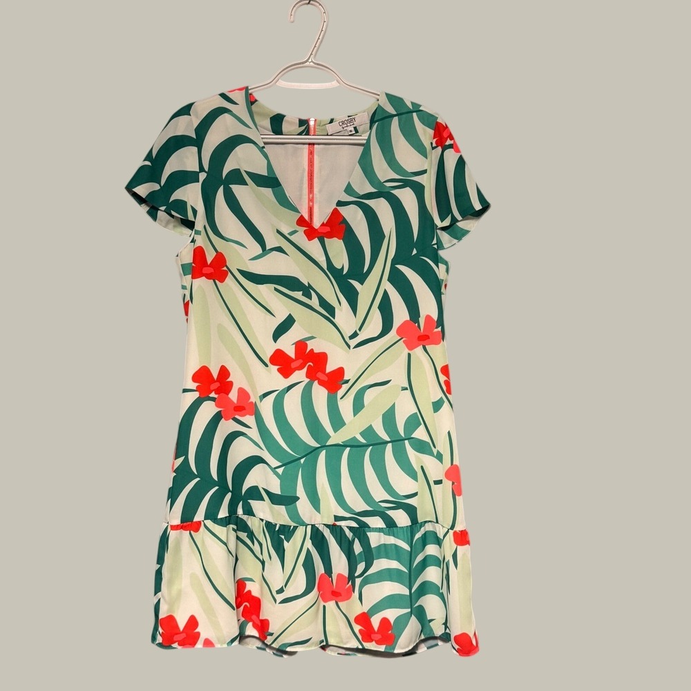 Crosby by Mollie Burch Tropical Palm Floral Ruffle Hem V-Neck Shift Dress Medium